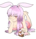  animal_ears barefoot breasts bunny_ears character_doll cleavage dekapoi extra_ears hand_on_own_chin inaba_tewi long_hair lying medium_breasts purple_hair red_eyes reisen_udongein_inaba seductive_smile smile solo touhou 