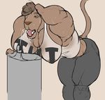  biceps breasts feline female headband lion mammal midriff muscles muscular_female open_mouth ritts rochelle_barnette solo standing sweat tongue tongue_out translucent transparent_clothing 