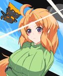  :3 ahoge altronage animalization blush breast_hold breasts character_request chibi gundam gundam_unicorn highres huge_breasts long_hair marida_cruz orange_hair purple_eyes solo_focus sweater turtleneck unicorn_gundam_banshee 