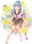  barefoot blue_hair bug butterfly feet flower highres insect kirisita legs long_hair original purple_eyes school_uniform serafuku skirt solo toes white_background 