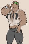  breasts feline female headband lion mammal midriff muscles muscular_female open_mouth ritts rochelle_barnette solo standing sweat tongue tongue_out translucent transparent_clothing 