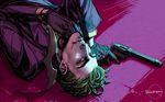  1boy batman_(series) blood dc_comics formal gloves green_eyes green_hair gun looking_at_viewer lying male male_focus on_back revolver ricken solo suit the_joker weapon 