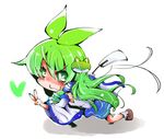  :3 blush chibi frog_hair_ornament gohei green_eyes green_hair hair_ornament highres kochiya_sanae long_hair pose shinapuu simple_background smile snake_hair_ornament solo touhou v white_background 