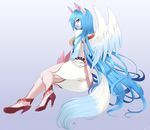  armor blue_fur blue_hair camel_toe canine fantasy female fox fur gradient_background hair heels long_hair looking_at_viewer mammal nataly-b pink_eyes presenting_ass sitting smile solo white_fur wings 