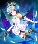  arm_warmers armor armored_dress blue_background boots braid choker dress expressionless feathers french_braid gwendolyn hair_bun multicolored multicolored_wings odin_sphere purple_eyes ratryu short_hair skirt solo strapless strapless_dress thigh_boots thighhighs wand white_hair wings zettai_ryouiki 