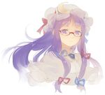  bespectacled brooch capelet commentary_request crescent cropped_torso fading frilled_hat frills glasses hair_ribbon hat jewelry long_sleeves looking_at_viewer mob_cap multi-tied_hair pale_color patchouli_knowledge purple_eyes purple_hair red-framed_eyewear ribbon shihou_(g-o-s) simple_background solo touhou tress_ribbon upper_body white_background 