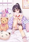  bedroom black_hair blush bobby_socks bow bow_panties german hair_ornament hair_scrunchie indoors long_hair matsuryuu no_shoes original panties pantyshot pantyshot_(sitting) pillow pillow_hug plaid plaid_pillow plaid_skirt polka_dot polka_dot_pillow polka_dot_scrunchie ponytail purple_eyes scrunchie sitting skirt socks solo striped_pillow stuffed_animal stuffed_toy teddy_bear translated underwear white_panties yes-no_pillow 