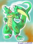  anthro armadirou blood bruise chain claws dragon fur green_fur horn open_mouth standing teeth thick_tail wings 