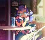  ahoge aoi_tsunami bad_id bad_pixiv_id bendy_straw blue_eyes blush chair cup dark_skin dress drinking_straw glasses gloves highres horns long_hair looking_at_viewer oni oni_horns original purple_hair short_sleeves sitting smile solo table white_gloves youkai 