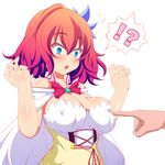  1girl bare_shoulders blue_eyes blush breast_poke breasts brooch cape covered_nipples flower hair_flower hair_ornament jewelry large_breasts maeda_kousuke no_game_no_life open_mouth pink_hair poking red_hair short_hair simple_background solo stephanie_dora surprised white_background 