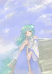  architecture blue_sky broom cloud day detached_sleeves east_asian_architecture frog_hair_ornament green_eyes green_hair hair_ornament hair_tubes kochiya_sanae long_hair looking_at_viewer masuchi shrine skirt skirt_set sky smile snake_hair_ornament solo touhou wind 