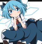  :c alternate_hairstyle blue_dress blue_eyes blue_hair blush bow cirno commentary_request do_(4-rt) dress flying_sweatdrops hair_bow ice ice_wings letterboxed looking_at_viewer puffy_short_sleeves puffy_sleeves shirt short_sleeves solo sweatdrop touhou twintails wings 