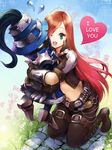  ;d belt boots breasts buckle english flower flying_sweatdrops full_body grass green_eyes hair_over_one_eye heart hug katarina_du_couteau kneeling league_of_legends leg_belt long_hair lono medium_breasts midriff navel one_eye_closed open_mouth red_hair shoulder_spikes smile sparkle spikes text_focus veigar very_long_hair 