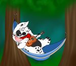  2018 4_fingers 4_toes alien black_claws black_eyes black_fur black_nose blushbaker claws countershading disney ears_down experiment_(species) fan_character fur half-closed_eyes hammock hi_res holding_musical_instrument lilo_and_stitch musical_instrument neckerchief oreo_(thepixelstitch22) playing_music reverse_countershading signature smile spots spotted_fur toes tree ukulele white_fur 