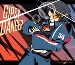  altronage black_hair cracking_knuckles eyecatch gipsy_danger grin highlights kamina_shades mecha_musume multicolored_hair pacific_rim parody personification short_hair smile solo style_parody tengen_toppa_gurren_lagann 