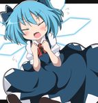  alternate_hairstyle blue_dress blue_hair blush bow cirno closed_eyes do_(4-rt) dress fang flying_sweatdrops hair_bow ice ice_wings letterboxed looking_at_viewer open_mouth puffy_short_sleeves puffy_sleeves shirt short_sleeves solo sweatdrop touhou twintails wings 