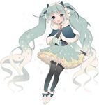  bad_id bad_pixiv_id blue_eyes blush corset dress finger_to_mouth green_hair hair_ribbon hatsune_miku long_hair open_mouth pantyhose petticoat ribbon solo thigh_gap twintails uttao very_long_hair vocaloid white_background yuki_miku 