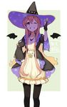  atelier_(series) atelier_escha_&amp;_logy bat_wings black_gloves black_legwear bridal_gauntlets character_name dress gloves grin hand_on_hip hat highres jacket jewelry long_hair necklace one_eye_closed ozu_roji pantyhose pentacle pink_eyes pink_hair print_hat sidelocks skirt smile solo standing star star_print very_long_hair white_skirt wilbell_voll=erslied wings witch_hat 