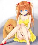  ayamoto bare_shoulders blue_eyes breasts choker cleavage dress hat headwear_removed long_hair long_legs medium_breasts neon_genesis_evangelion orange_hair panties sitting solo souryuu_asuka_langley straw_hat underwear watch white_panties yellow_dress 