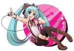  aqua_hair boots bow bowtie cross-laced_footwear frills green_eyes hatsune_miku headphones lace-up_boots long_hair open_mouth solo striped striped_legwear suspenders thighhighs twintails vertical-striped_legwear vertical_stripes very_long_hair vocaloid yone_(came1) 