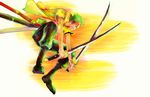  1boy boots dual_wielding enies_lobby green_hair haramaki highres jumping katana male male_focus one_piece open_clothes open_shirt rin171 roronoa_zoro sheath shirt solo sword weapon 