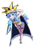  adapted_costume armpits barefoot blue_eyes blue_hair blush_stickers cape clenched_teeth cosplay full_body guilty_gear guilty_gear_xrd han_megumi hand_on_headwear happinesscharge_precure! hat heart highres long_hair looking_at_viewer navel precure ramlethal_valentine ramlethal_valentine_(cosplay) seiyuu_connection shirayuki_hime simple_background smile solo teeth uganda white_background 