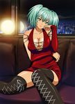  dark_skin dress green_eyes green_hair ikkitousen long_hair official_art ryofu_housen sitting smile solo twintails 