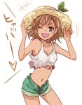  brown_eyes brown_hair commentary_request crop_top crop_top_overhang fang funasshii hat looking_at_viewer mayu_(airmods) midriff misaka_mikoto navel one_eye_closed open_fly open_mouth shorts smile solo straw_hat tank_top to_aru_kagaku_no_railgun to_aru_majutsu_no_index unzipped 