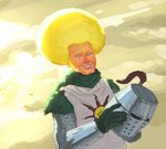  afro armor blonde_hair blue_eyes commentary dark_souls gloves headwear_removed helmet helmet_removed male_focus parted_lips sideburns smile solaire_of_astora solo souls_(from_software) vince_price 