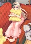  barefoot blue_eyes book bookshelf brown_hair controller couch hair_ribbon hairband highres indoors long_hair nightgown nueco original pajamas pillow remote_control ribbon sitting solo stuffed_animal stuffed_bunny stuffed_toy 