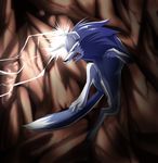  angry attack blue_fur fight fur horn lightning male monster_rancher open_mouth red_eyes rock solo steel_tigerwolf tiger_(monster_rancher) white_fur 