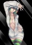  absurdres against_fourth_wall against_glass bad_id bad_pixiv_id breasts cleavage fourth_wall green_eyes green_hair hair_over_breasts highres hood hoodie jikeshi long_hair looking_at_viewer medium_breasts naked_hoodie no_bra original solo striped striped_legwear thighhighs unzipped zettai_ryouiki 
