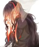  azami_(kagerou_project) black_hair crying gorgon hand_on_another's_cheek hand_on_another's_face kagerou_project kazemachidori long_hair ribbon sad scales solo_focus tears transparent tsukihiko_(kagerou_project) very_long_hair 