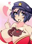  altronage bare_shoulders between_breasts blue_eyes blue_hair breasts chocolate chocolate_covered chocolate_heart cleavage hat heart heart-shaped_pupils huge_breasts messy miyako_yoshika ofuda sexually_suggestive short_hair solo suggestive_fluid symbol-shaped_pupils touhou valentine 