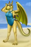  beach breasts calie claws cloud dragon eyewear fangs female goggles green_eyes hindpaw horn looking_at_viewer paws reptile sand scalie seaside sky smile solo spikes standing swimsuit teeth thighs tongue vader-san water wings yellow_skin 