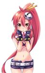  :&lt; bikini_top black_gloves blush breasts brown_eyes fingerless_gloves gloves hair_ornament highres large_breasts long_hair looking_at_viewer manmaru_tamago navel ponytail red_hair scarf short_shorts shorts simple_background skull_hair_ornament solo tengen_toppa_gurren_lagann very_long_hair white_background yoko_littner 