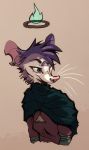  anthro brown_background clothed clothing ear_piercing facial_piercing female fire fur green_eyes grey_fur hair halo mammal marsupial multicolored_eyes nash_(zenirix) nose_piercing one_eye_closed opossum piercing purple_eyes purple_hair simple_background solo virginia_opossum whiskers white_fur zenirix 