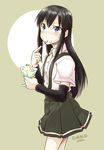  akiyama_nenehisa arm_warmers asashio_(kantai_collection) black_hair blue_eyes eating food food_on_face glass ice_cream ice_cream_on_face ice_cream_spoon kantai_collection long_hair school_uniform skirt solo spoon suspenders 