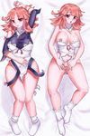  alis_(majalis) blush breasts cross cross_necklace dakimakura detached_collar jewelry la_pucelle large_breasts long_hair mole multiple_views necklace nipples no_shoes pink_eyes pink_hair prier pussy socks spread_pussy white_legwear wide_hips 