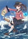  aircraft airplane bangs bonkiru brown_hair cloud day eyebrows_visible_through_hair full_body highres horizon kantai_collection long_sleeves looking_at_viewer ocean orange_eyes outdoors ryuujou_(kantai_collection) skirt sky solo splashing visor_cap water waves 