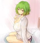  arm_support bare_legs bed bed_sheet black_panties blouse breasts cleavage collarbone colored_eyelashes curtains finger_to_mouth from_side green_hair kazami_yuuka large_breasts lips looking_at_viewer no_pants panties red_eyes see-through seiza sitting smile solo touhou tsutsunuke underwear wet white_blouse 