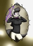  anthro black_hair bow_tie breasts clothing cutie_mark devs-iratvs equine feathers female fingers friendship_is_magic fur grey_fur hair hands hi_res horse looking_at_viewer mammal mirror my_little_pony octavia_(mlp) pants pony purple_eyes solo standing sweater 