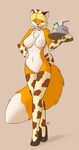  anthro big_breasts blonde_hair bow_tie breasts brown_eyes canine clothing cow_pattern cup female fluffy_tail fox fur gloves hair high_heels legwear mammal necktie nude open_mouth orange_fur plain_background shoes smile starfighter stockings tray white_fur 