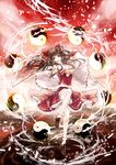  album_cover bow brown_hair cover detached_sleeves gohei hair_bow hair_tubes hakurei_reimu highres laruha leg_up long_hair long_sleeves looking_at_viewer midriff navel open_mouth petals red_eyes shirt skirt skirt_set solo spell_card standing standing_on_one_leg touhou wide_sleeves yin_yang 