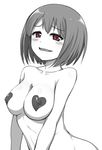  blush breasts covered_nipples greyscale heart heart_pasties horosuke_(toot08) large_breasts looking_at_viewer monochrome nude out-of-frame_censoring pasties red_eyes short_hair simple_background solo spot_color takamiya_nasuno teekyuu white_background 