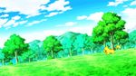  animated animated_gif blue_sky epic forest grass lucario nature nintendo no_humans pikachu pokemon pokemon_(anime) sky tree 
