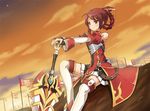  bare_shoulders boots braid bridal_gauntlets detached_sleeves ears elesis_(elsword) elsword flag french_braid red_eyes red_hair saber_knight_(elsword) serenasion serious short_hair sky solo sword thigh_boots thighhighs weapon 