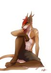  anthro belt biceps brown_body brown_fur canine clothing eyes_closed fur hair lost-paw male mammal muscles open_mouth pecs plain_background red_hair shorts sitting solo topless white_background white_belly white_fur 