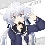  1girl arm_up bangs black_sailor_collar blue_ribbon blue_shirt blush character_name commentary_request eyebrows_visible_through_hair grey_background grey_eyes hair_between_eyes hair_ribbon hand_up head_tilt holding holding_microphone konno_junko long_hair long_sleeves looking_at_viewer low_twintails microphone miicha open_mouth ribbon sailor_collar shirt silver_hair sleeves_past_wrists solo star twintails twitter_username two-tone_background upper_body upper_teeth very_long_hair white_background white_neckwear zombie_land_saga 