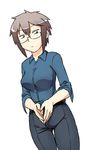  borrowed_character breasts brown_hair glasses medium_breasts megane-san_(kusada) original pants semi-rimless_eyewear shirt short_hair solo standing steepled_fingers thigh_gap tsukudani_(coke-buta) under-rim_eyewear 